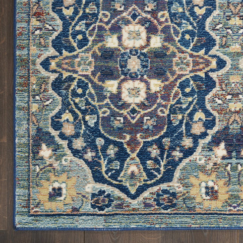 8' Ivory Navy Blue and Yellow Floral Distressed Non Skid Runner Rug