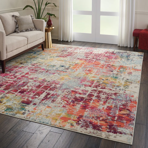 8' X 11' Ivory Pink and Orange Abstract Distressed Non Skid Area Rug