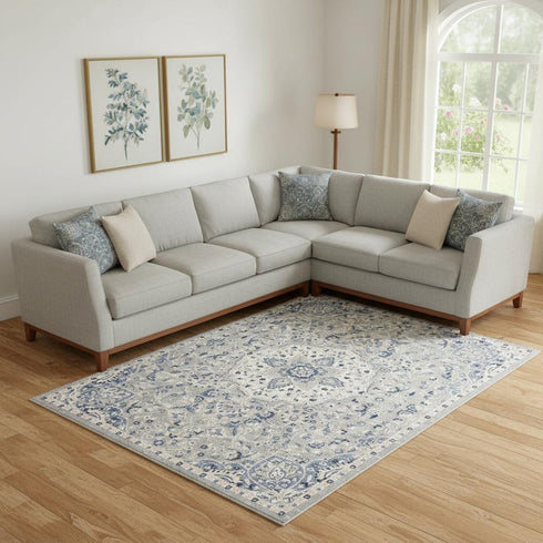 8' X 10' Gray Beige And Blue Floral Medallion Area Rug