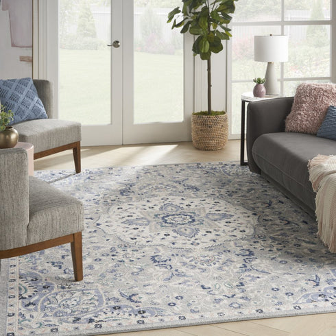 8' X 10' Gray Beige And Blue Floral Medallion Area Rug