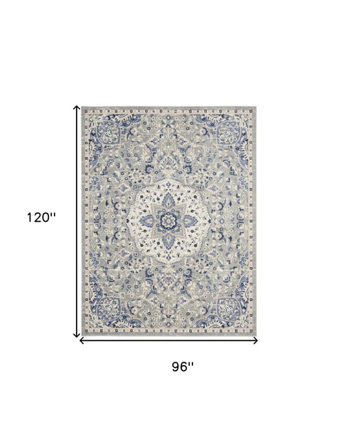 8' X 10' Gray Beige And Blue Floral Medallion Area Rug