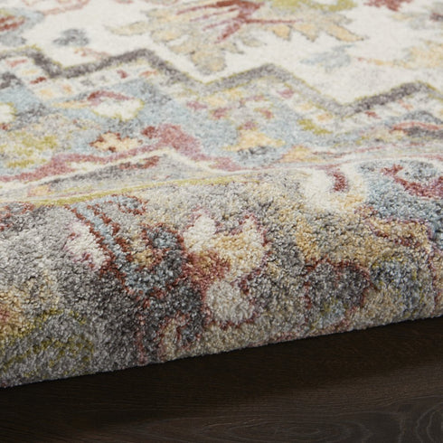 8' Ivory Green and Gray Floral Runner Rug
