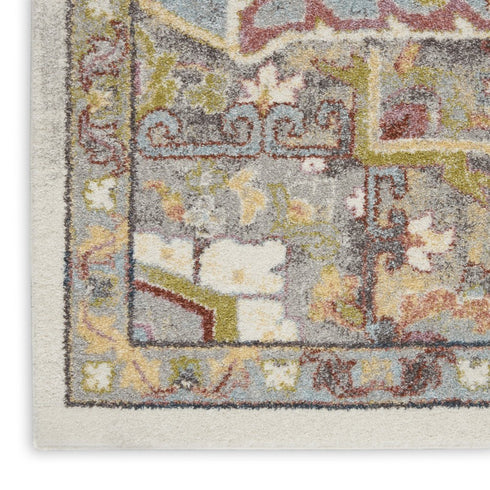 8' Ivory Green and Gray Floral Runner Rug