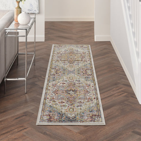 8' Ivory Green and Gray Floral Runner Rug