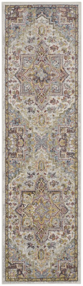 8' Ivory Green and Gray Floral Runner Rug