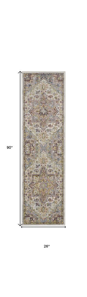 8' Ivory Green and Gray Floral Runner Rug