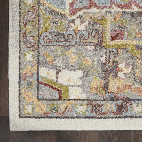 8' Ivory Green and Gray Floral Runner Rug