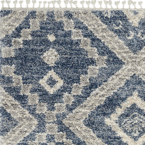 8' X 11' Denim Blue And Ivory Geometric Shag Non Skid Area Rug