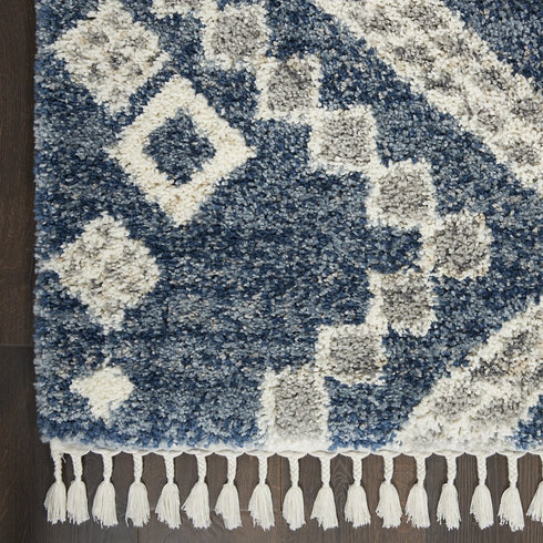 8' X 11' Denim Blue And Ivory Geometric Shag Non Skid Area Rug