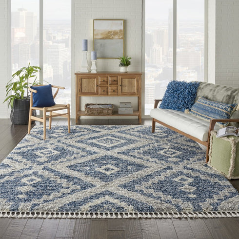 8' X 11' Denim Blue And Ivory Geometric Shag Non Skid Area Rug