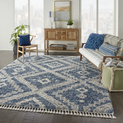 8' X 11' Denim Blue And Ivory Geometric Shag Non Skid Area Rug