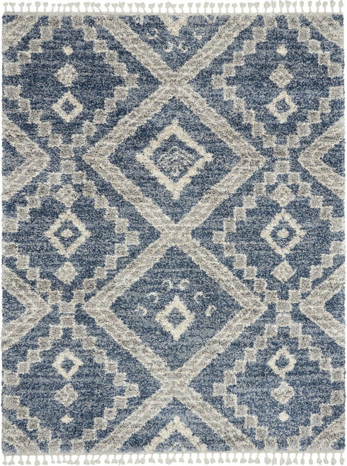 8' X 11' Denim Blue And Ivory Geometric Shag Non Skid Area Rug