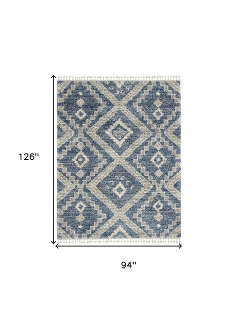 8' X 11' Denim Blue And Ivory Geometric Shag Non Skid Area Rug