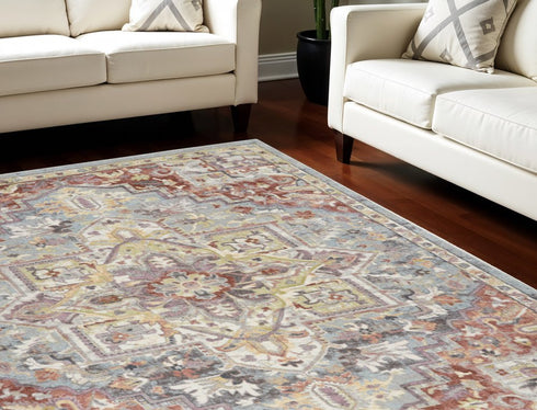 8' X 10' Blue and Red Floral Distressed Area Rug