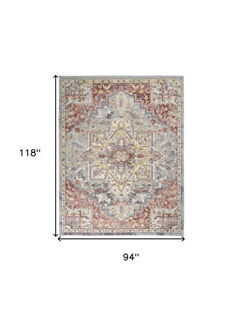 8' X 10' Blue and Red Floral Distressed Area Rug
