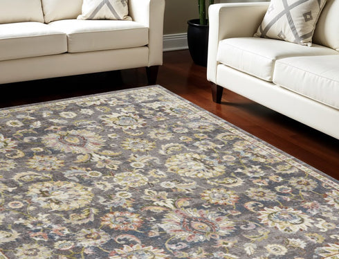 8' X 10' Charcoal Brown and Yellow Floral Distressed Area Rug