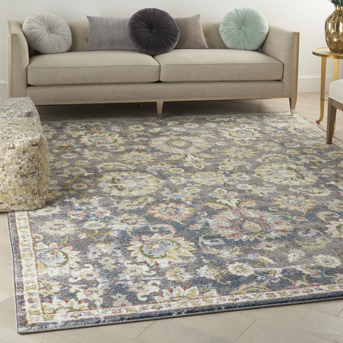 8' X 10' Charcoal Brown and Yellow Floral Distressed Area Rug