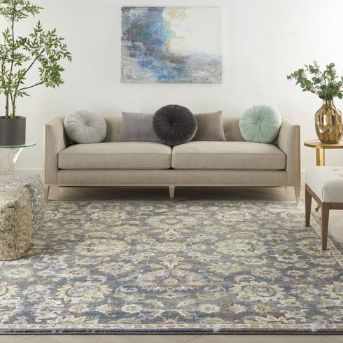 8' X 10' Charcoal Brown and Yellow Floral Distressed Area Rug