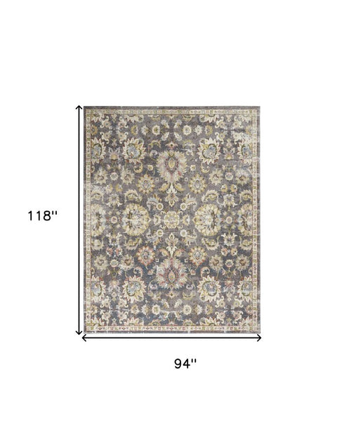 8' X 10' Charcoal Brown and Yellow Floral Distressed Area Rug