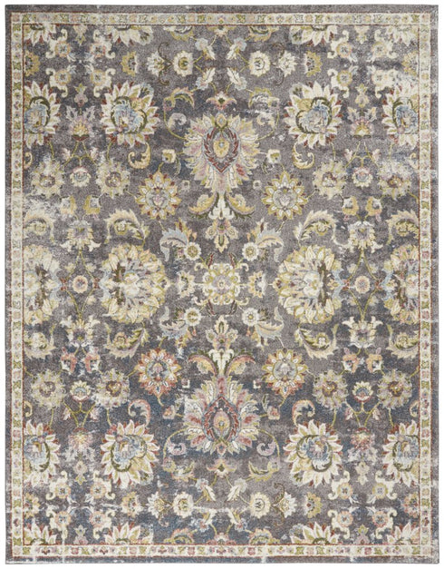8' X 10' Charcoal Brown and Yellow Floral Distressed Area Rug