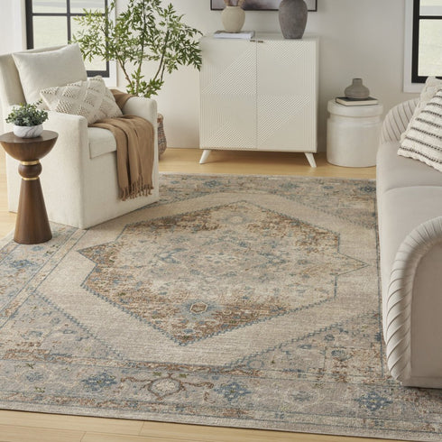 9' X 12' Ivory And Blue Geometric Area Rug