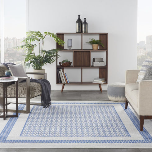 8' X 12' Ivory and Blue Geometric Distressed Non Skid Area Rug