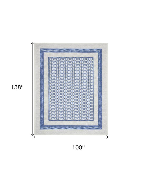 8' X 12' Ivory and Blue Geometric Distressed Non Skid Area Rug