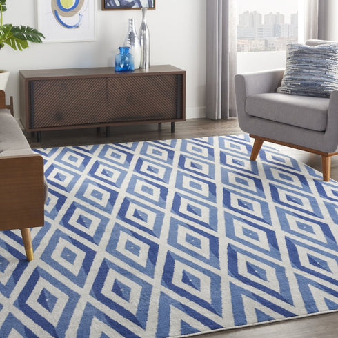 8' X 12' Ivory and Blue Geometric Distressed Non Skid Area Rug