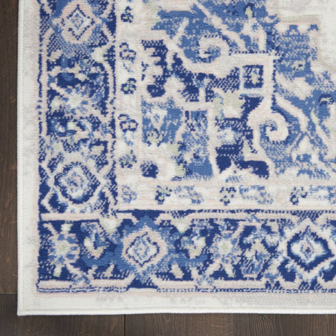 8' X 12' Ivory and Blue Floral Medallion Distressed Non Skid Area Rug