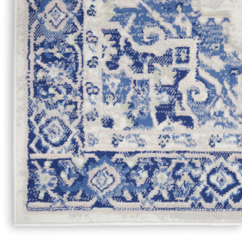 8' X 12' Ivory and Blue Floral Medallion Distressed Non Skid Area Rug