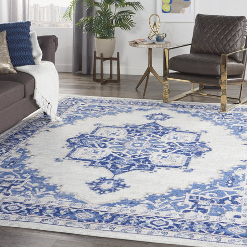 8' X 12' Ivory and Blue Floral Medallion Distressed Non Skid Area Rug