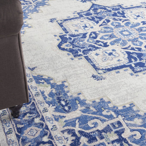 8' X 12' Ivory and Blue Floral Medallion Distressed Non Skid Area Rug