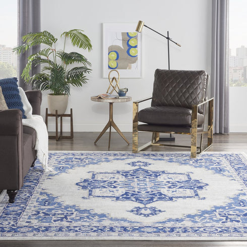 8' X 12' Ivory and Blue Floral Medallion Distressed Non Skid Area Rug