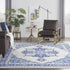 8' X 12' Ivory and Blue Floral Medallion Distressed Non Skid Area Rug