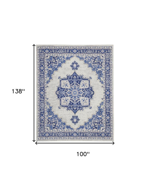 8' X 12' Ivory and Blue Floral Medallion Distressed Non Skid Area Rug