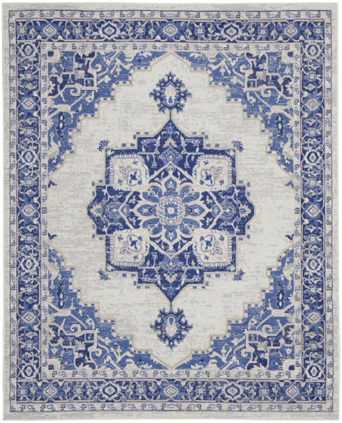 8' X 12' Ivory and Blue Floral Medallion Distressed Non Skid Area Rug