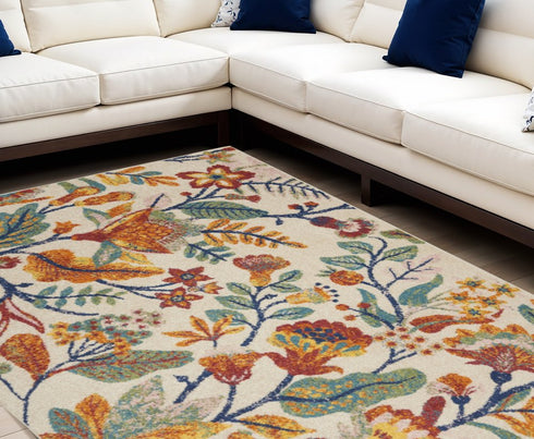 9' X 12' Cream Floral Power Loom Area Rug