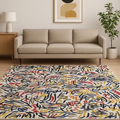 6' X 8' White Abstract Washable Area Rug