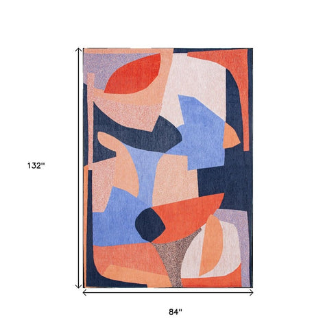 8' X 11' Blue And Red Abstract Washable Area Rug