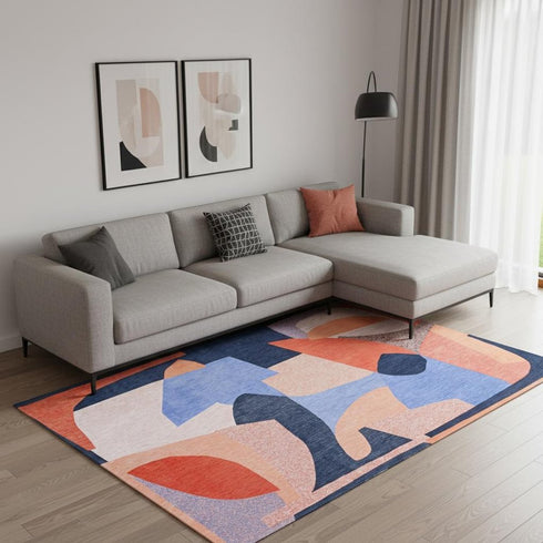 8' X 11' Blue And Red Abstract Washable Area Rug