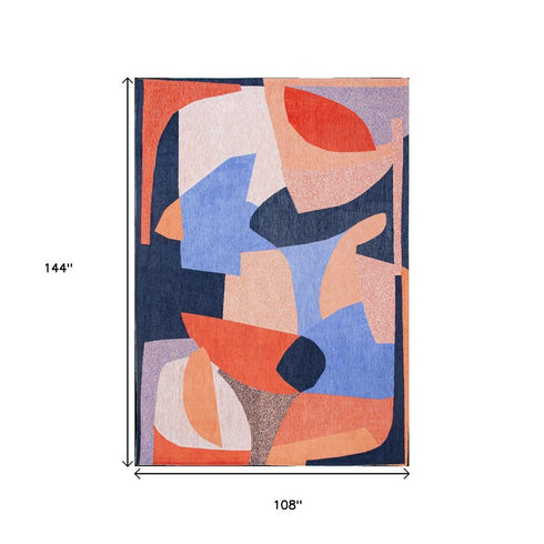 9' X 13' Blue And Red Abstract Washable Area Rug