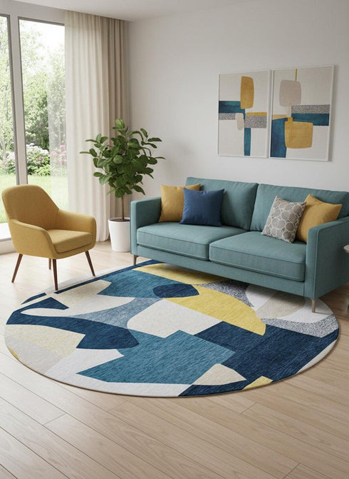 8' Blue And Yellow Abstract Washable Round Rug