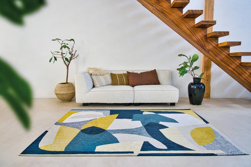 8' Blue And Yellow Abstract Washable Round Rug