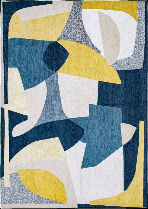 8' Blue And Yellow Abstract Washable Round Rug