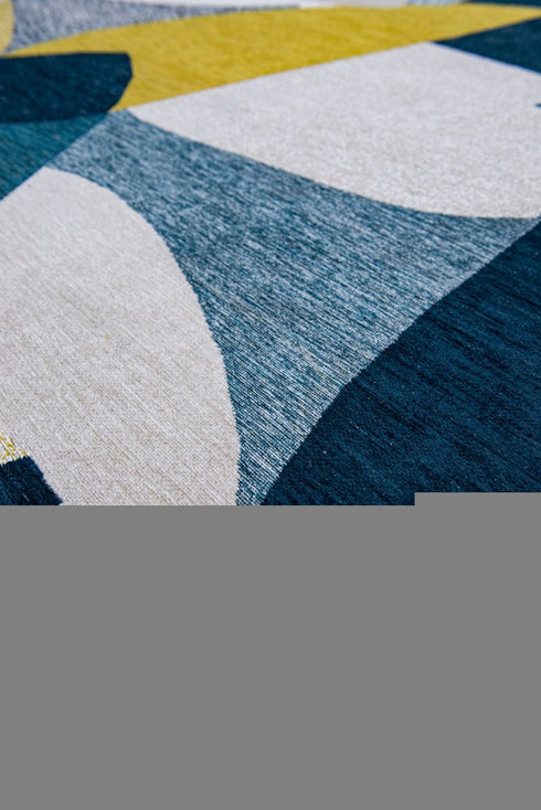 8' Blue And Yellow Abstract Washable Round Rug