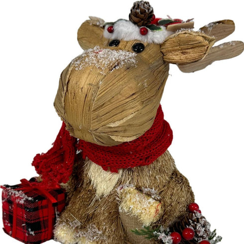 10" Brown Red And Green Straw Reindeer Christmas Reindeer Figurine
