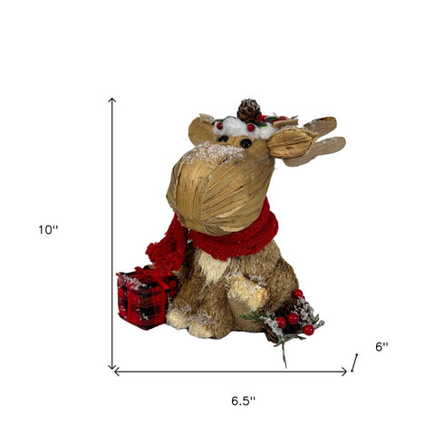 10" Brown Red And Green Straw Reindeer Christmas Reindeer Figurine