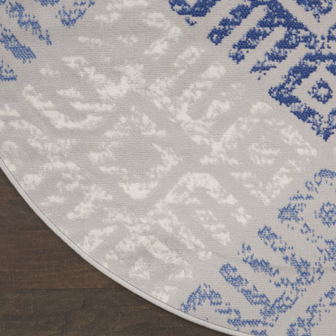 8' Beige Blue and Gray Geometric Round Rug