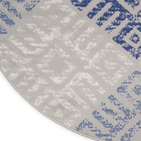 8' Beige Blue and Gray Geometric Round Rug