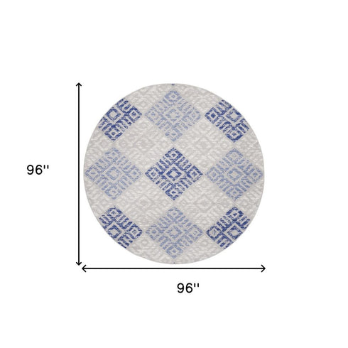 8' Beige Blue and Gray Geometric Round Rug